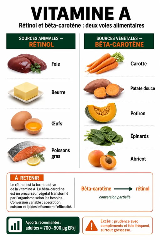 Aliments vitamines A : sources animales, végétales et repères essentiels