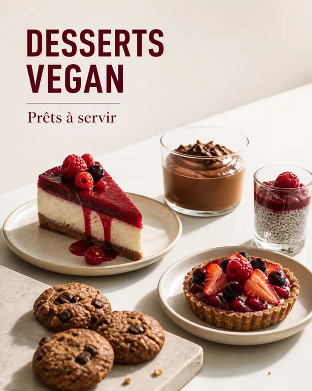 Desserts vegan recettes variées présentées sur une table sobre avec cheesecake, mousse au chocolat et tarte crue