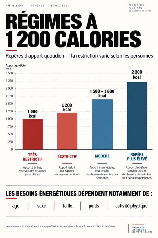 Régimes 1200 calories : infographie comparative des apports de 1000 à 2200 calories et des précautions selon les besoins