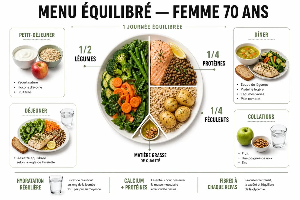 Menu équilibré femme 70 ans illustré avec une assiette équilibrée et les repas de la journée