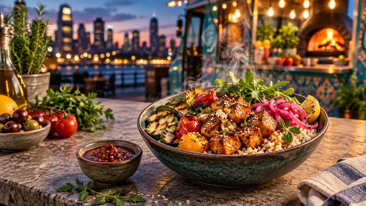 Bowl de street food coloré avec légumes frais, céréales et sauce fumée