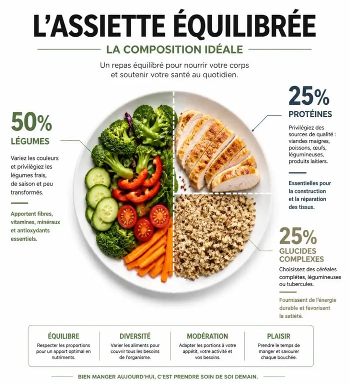 Infographie sur la composition d'une assiette équilibrée pour 14 menus pour manger sainement