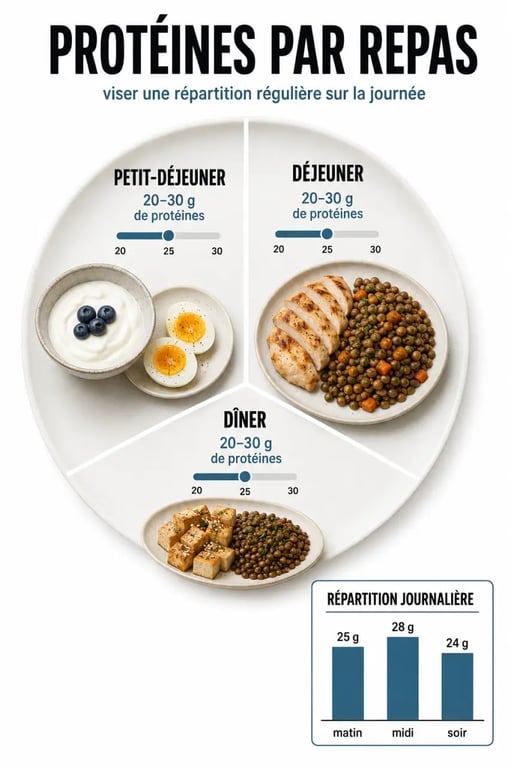 Repère de proteine repas avec 20 à 30 g de protéines par repas et exemples de petit-déjeuner, déjeuner et dîner protéinés