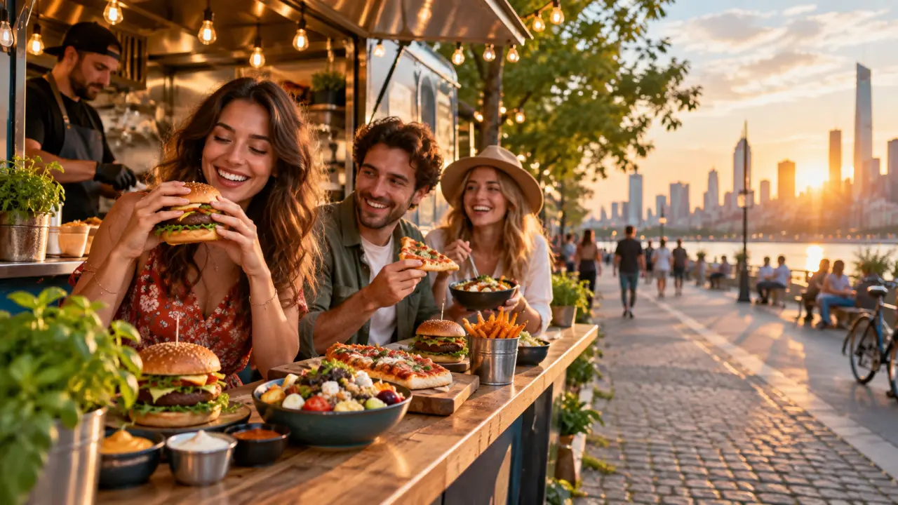Street food colorée composée d'un burger gourmet, de frites et de légumes de saison