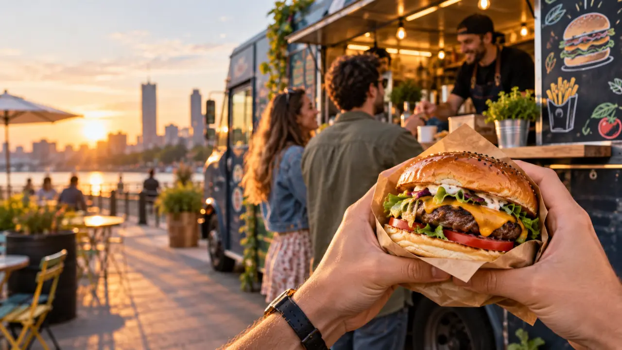 Burger gourmet et frites croustillantes servis dans un food truck Urbano Food