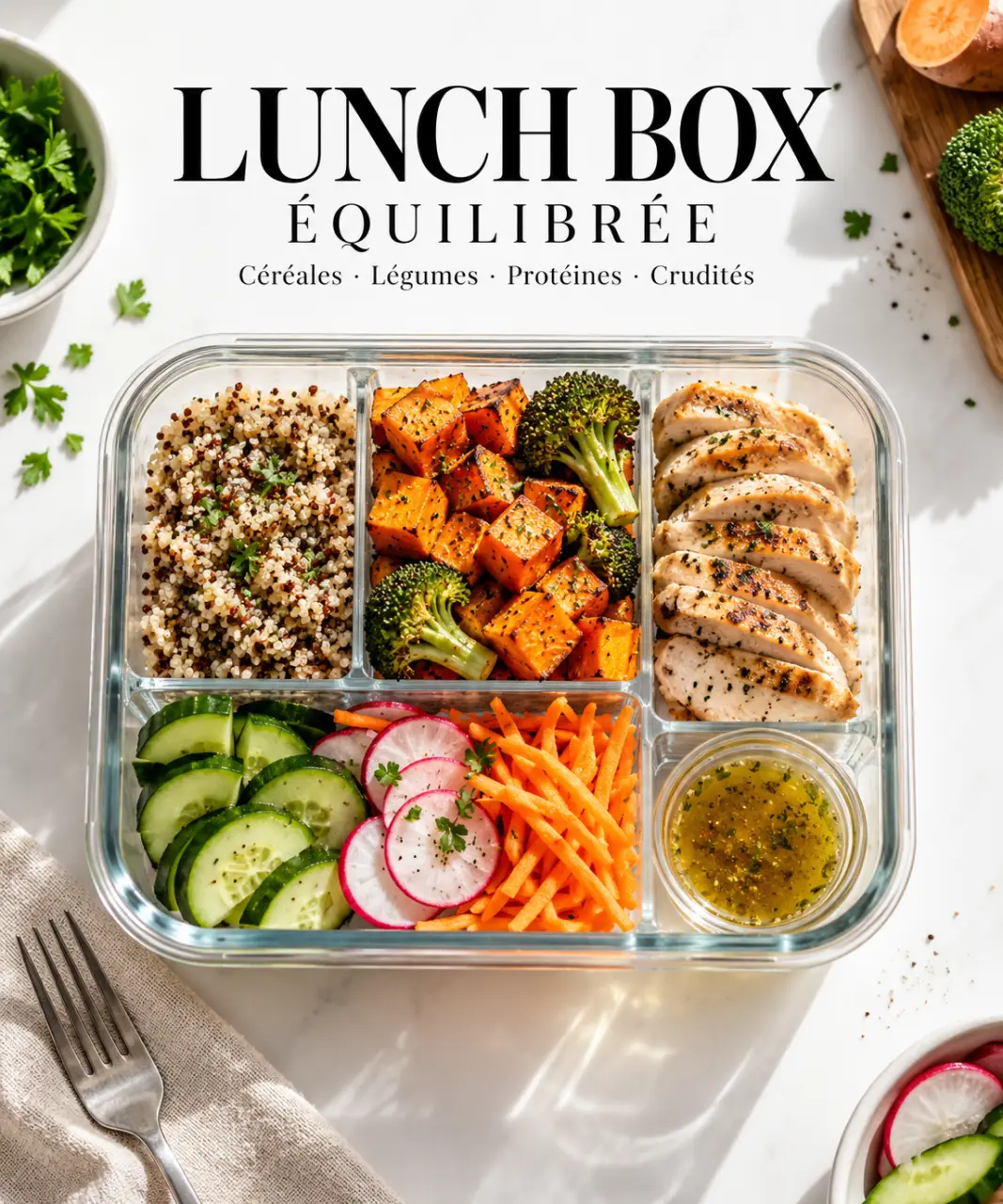 Plat healthy préparé en lunch box avec légumes, céréales et sauce séparée