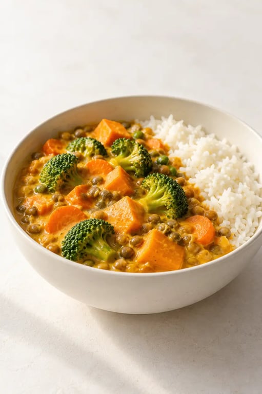 Recettes légumes faciles : curry doux de légumes et lentilles avec riz