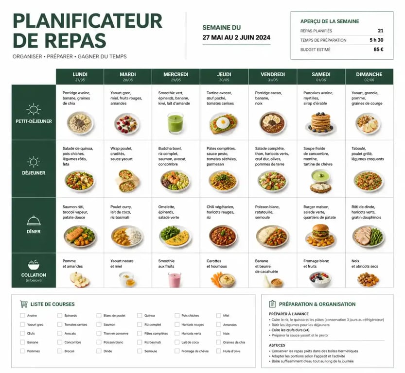 Planning hebdomadaire pour organiser ses 14 menus pour manger sainement