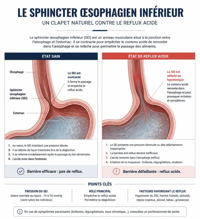 Schéma explicatif du reflux gastrique et du rôle du sphincter œsophagien