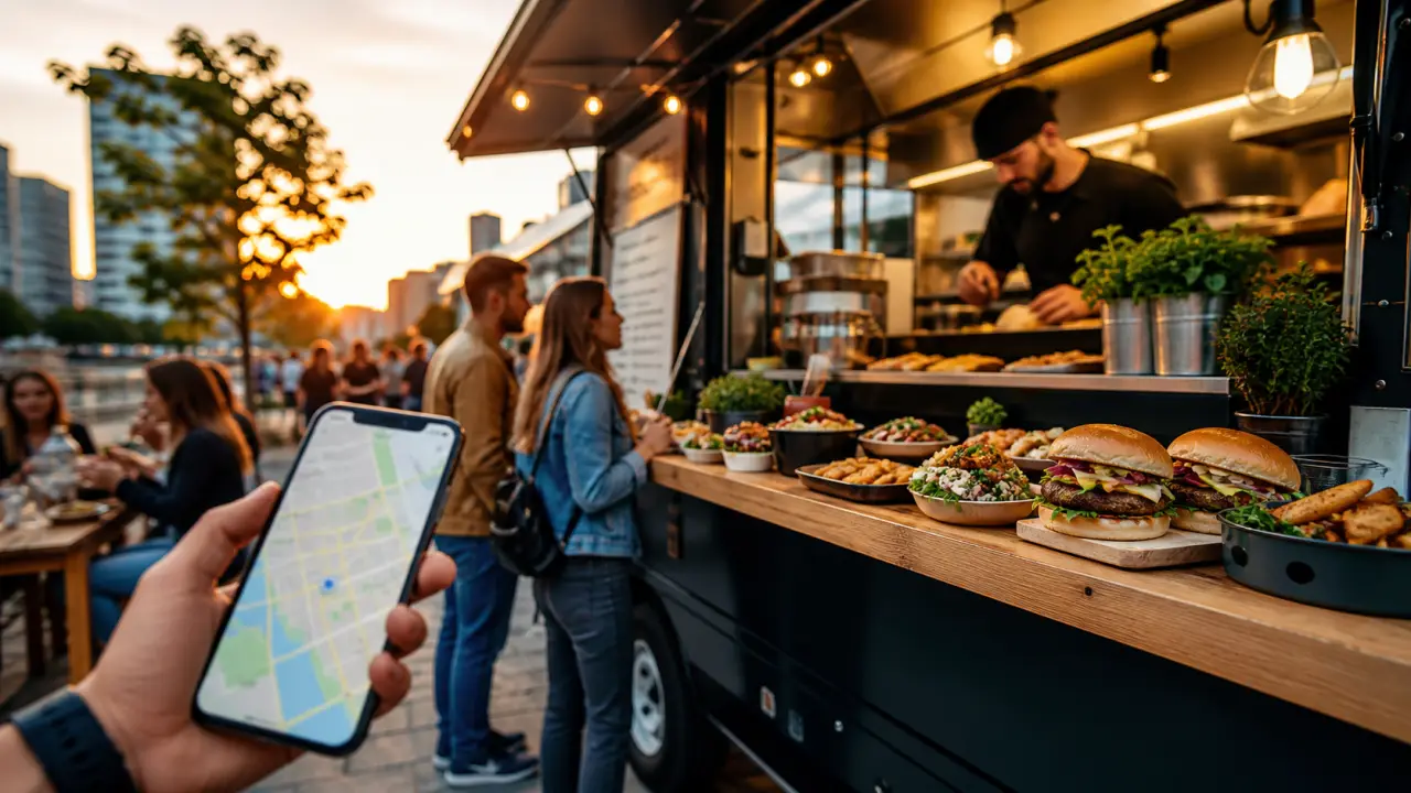 Burger gourmet et frites croustillantes devant des néons urbains