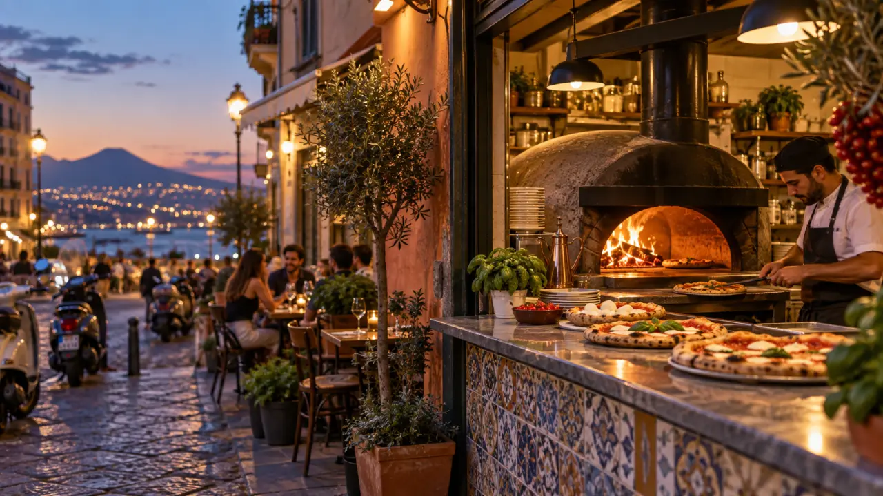 Pizza artisanale cuite dans un four de quartier, avec une pâte dorée et des ingrédients méditerranéens
