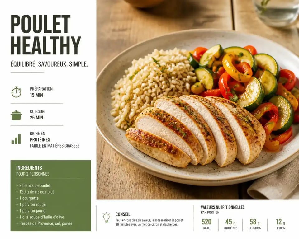 Recette healthy poulet avec riz complet et légumes sur assiette