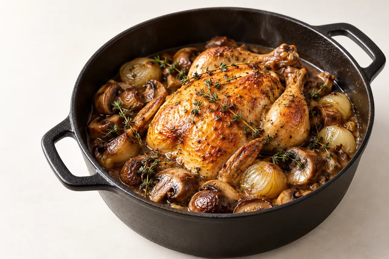Recette coquelet mijoté aux champignons, oignons et thym servi en cocotte