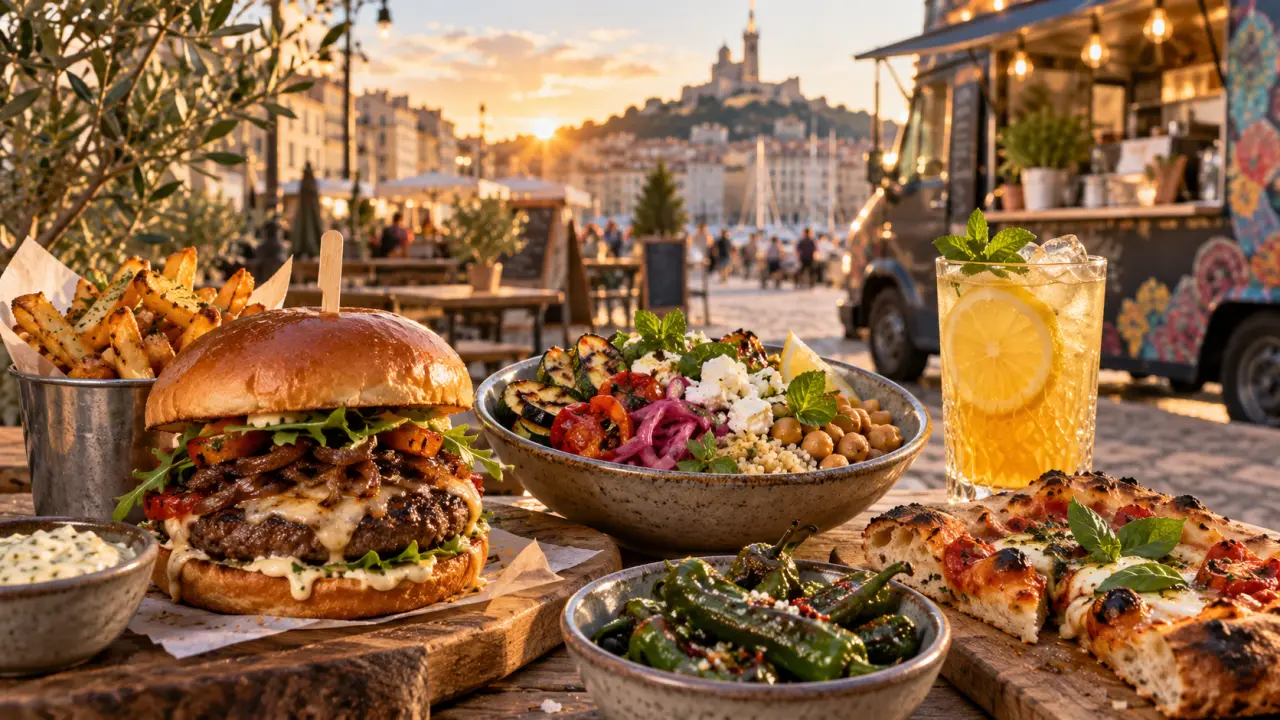 Burger gourmet et frites croustillantes dans une ambiance urbaine et colorée