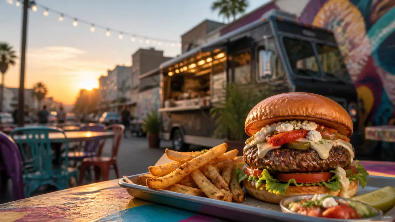 Burger gourmet juteux et frites croustillantes avec une ambiance urbaine nocturne