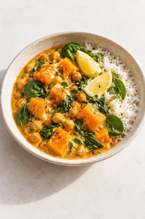 Recette végétarienne hivernale de curry de butternut, pois chiches et riz