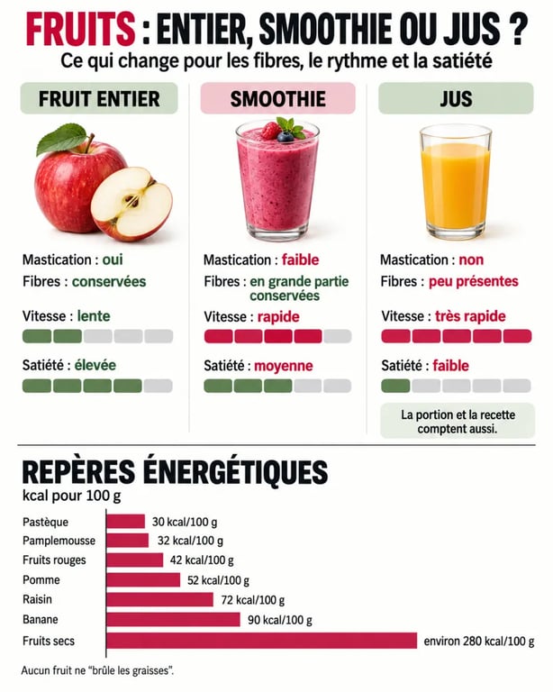 Infographie sur les fruits pour régime, les calories et la différence entre fruit entier, jus et smoothie
