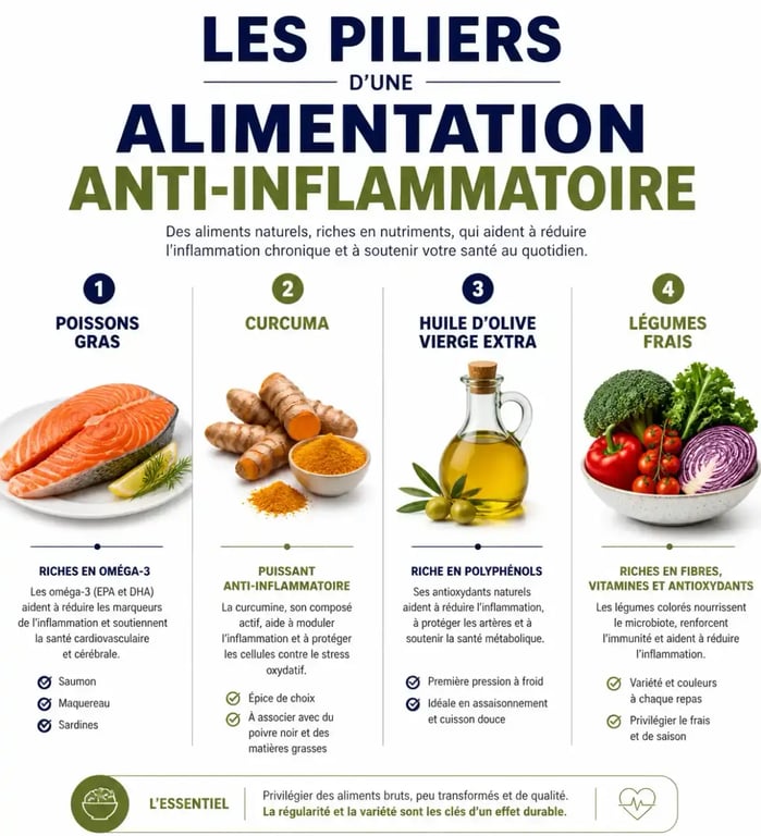 Infographie des piliers d'un menu anti-inflammatoire pour la santé métabolique