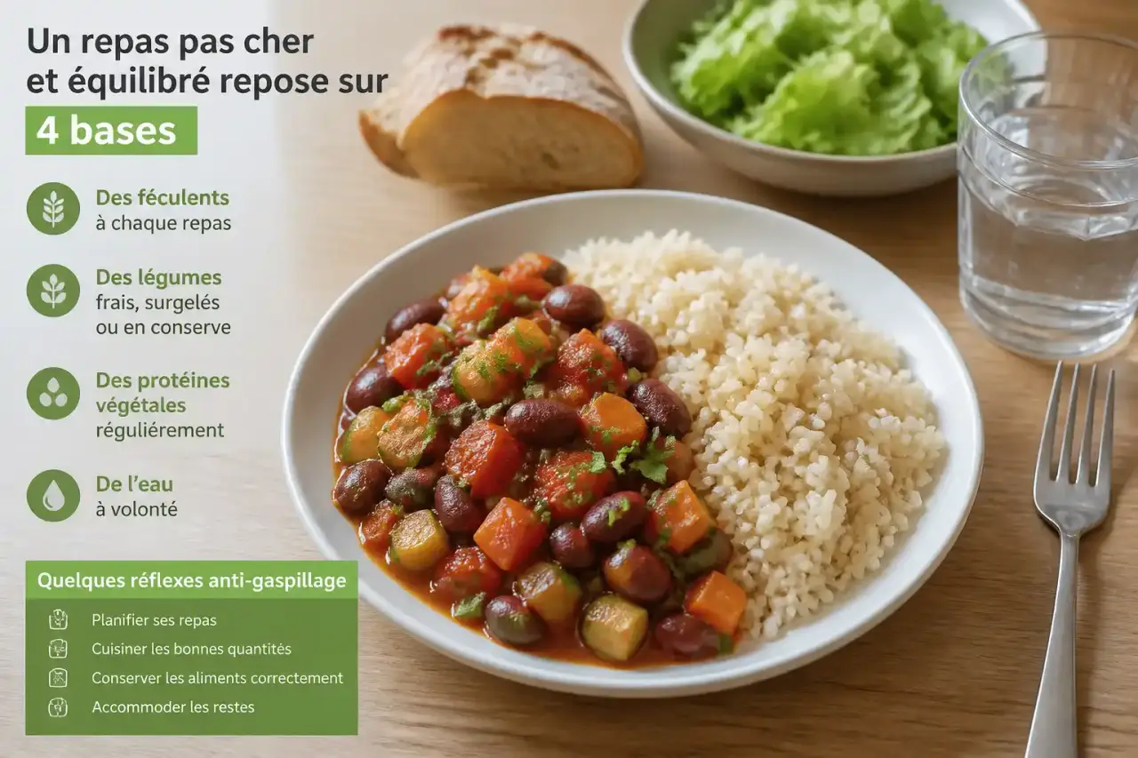 Un repas pas cher et équilibré repose sur 4 bases et quelques réflexes anti-gaspillage