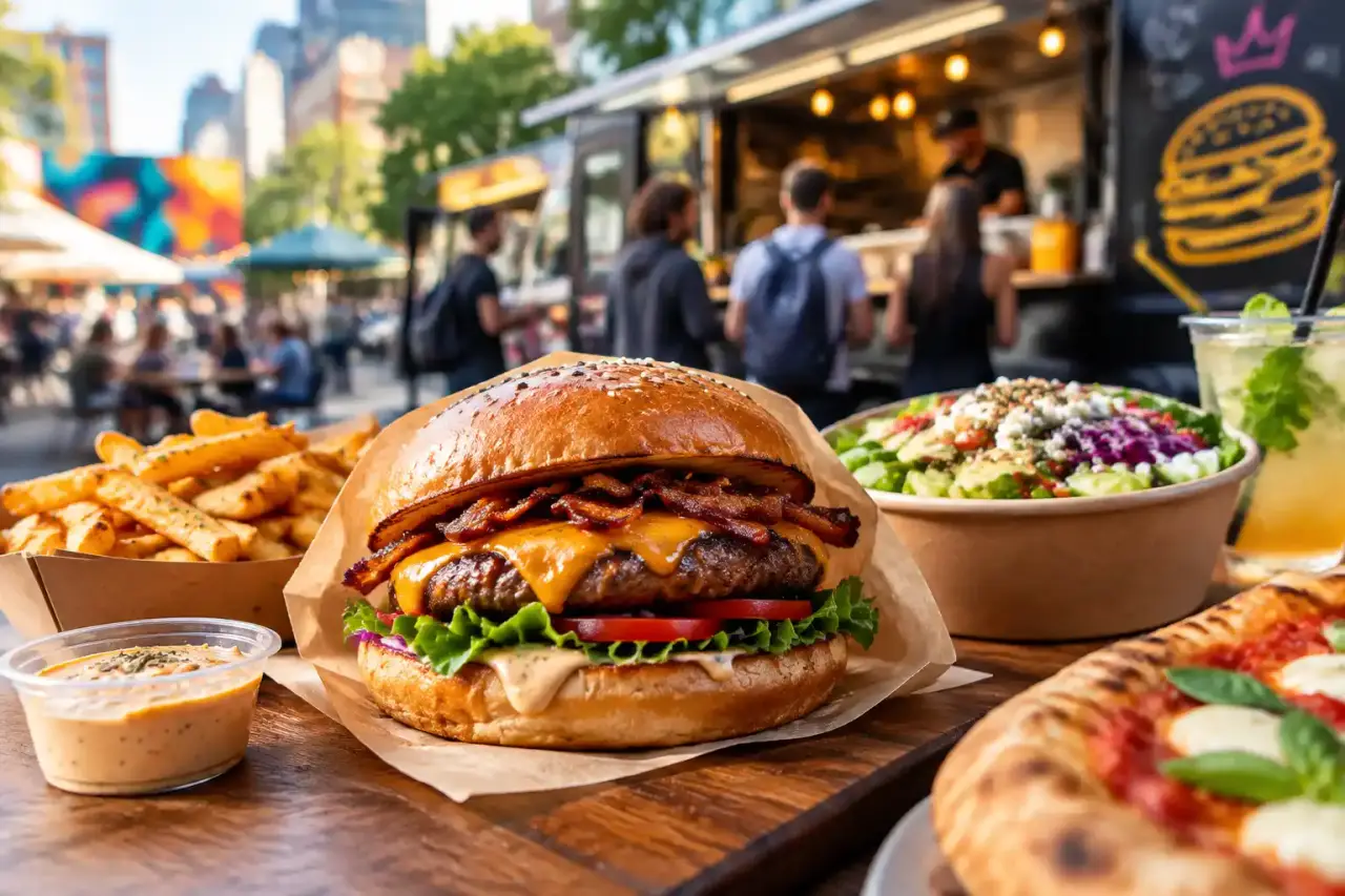 Burger gourmet et frites croustillantes dans une ambiance urbaine