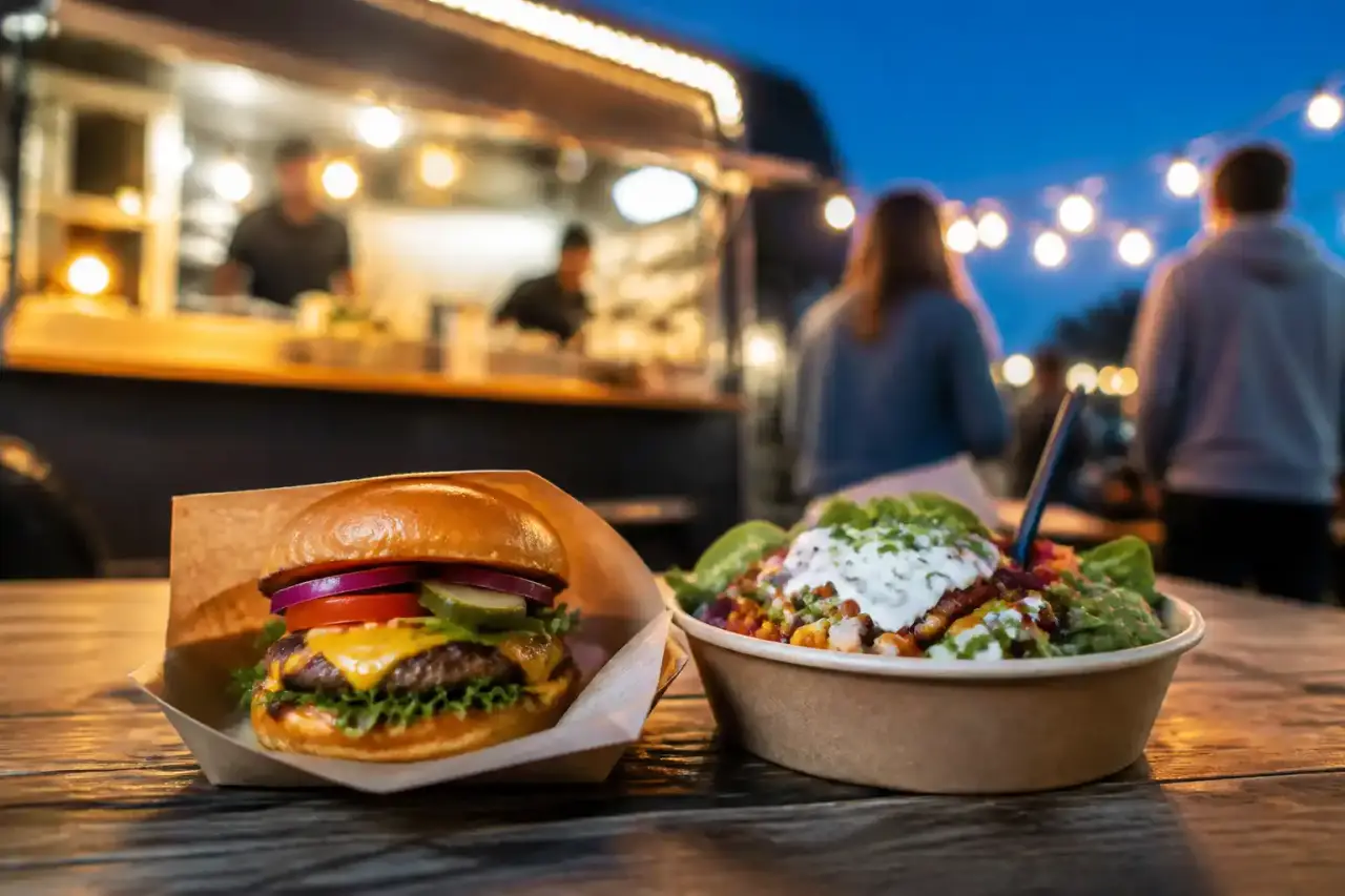 Burger gourmet et bowl frais servis près d’un food truck urbain le soir